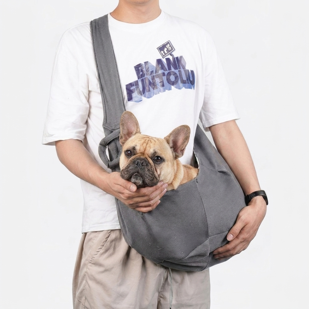 French Bulldog in gray sling carrier bag