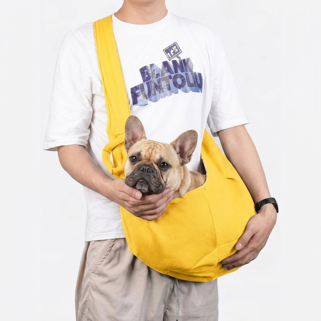 French Bulldog in yellow sling carrier bag