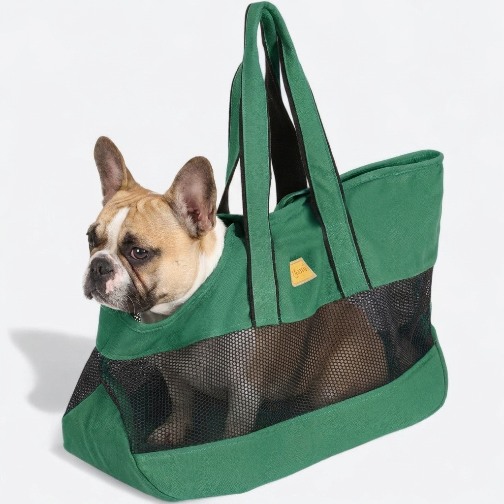French Bulldog in green mesh ventilation carrier