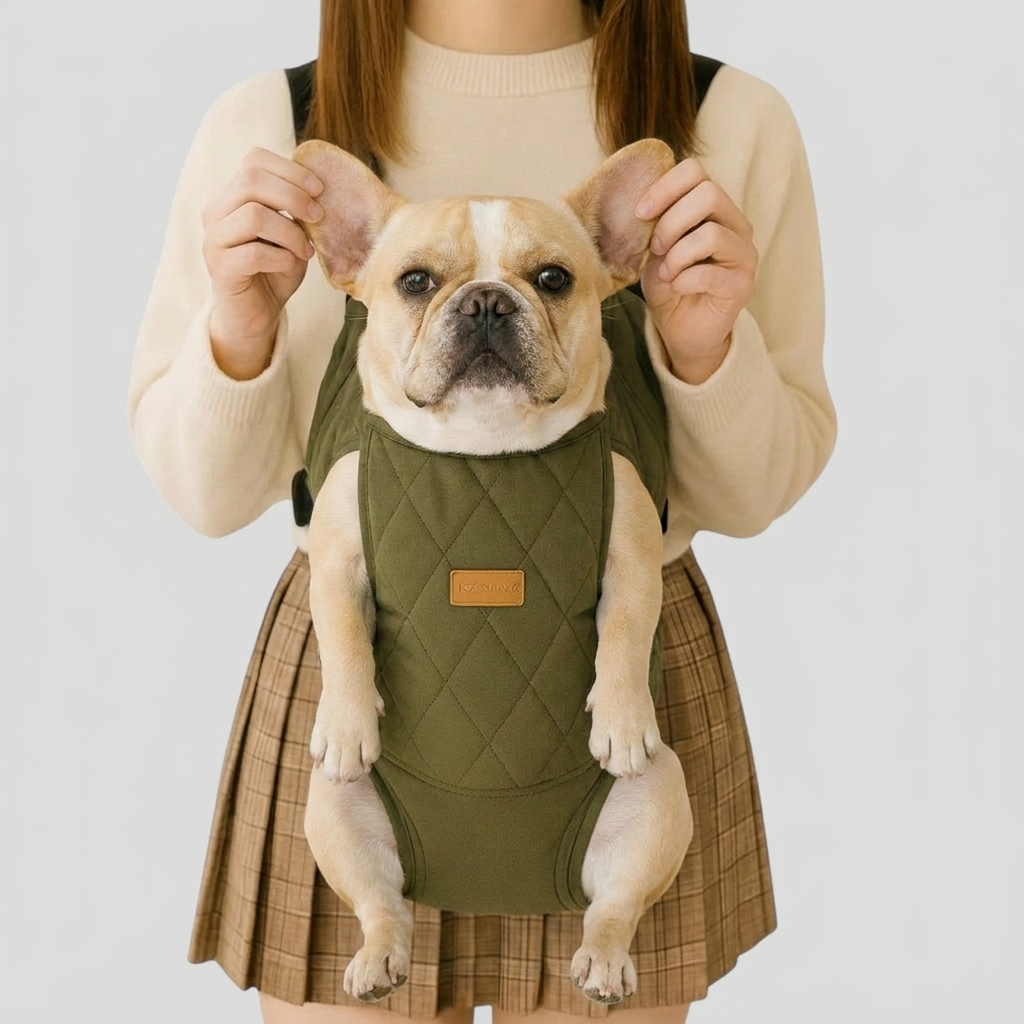 French Bulldog in green fleece-lined backpack carrier