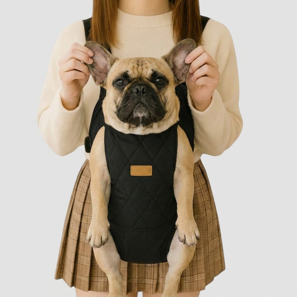 French Bulldog in black fleece-lined backpack carrier