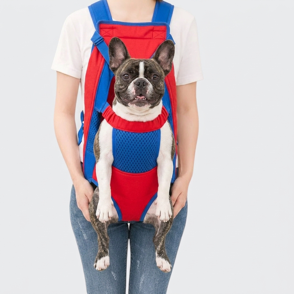 French Bulldog in red blue adjustable quilted backpack carrier
