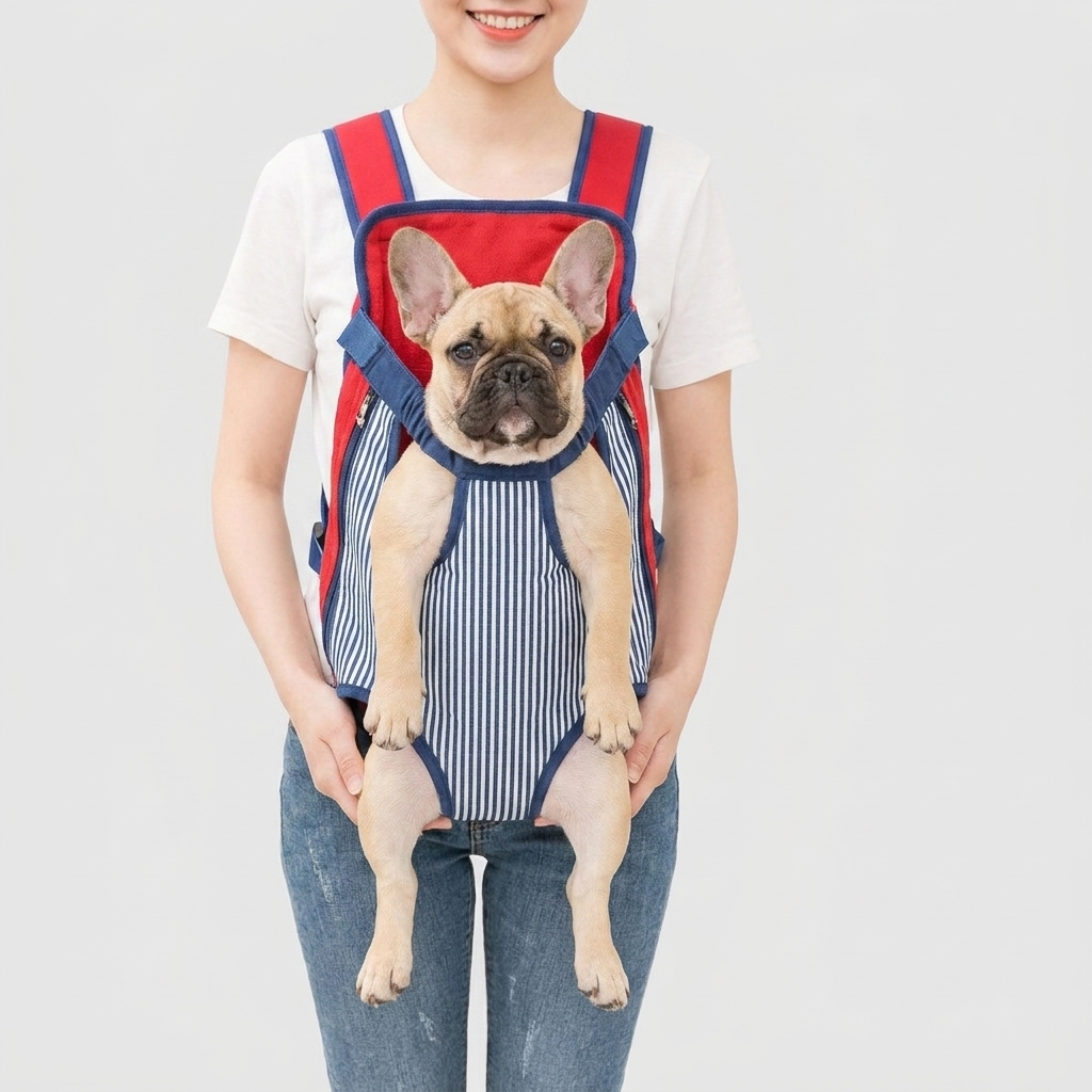 French Bulldog in striped adjustable quilted backpack carrier