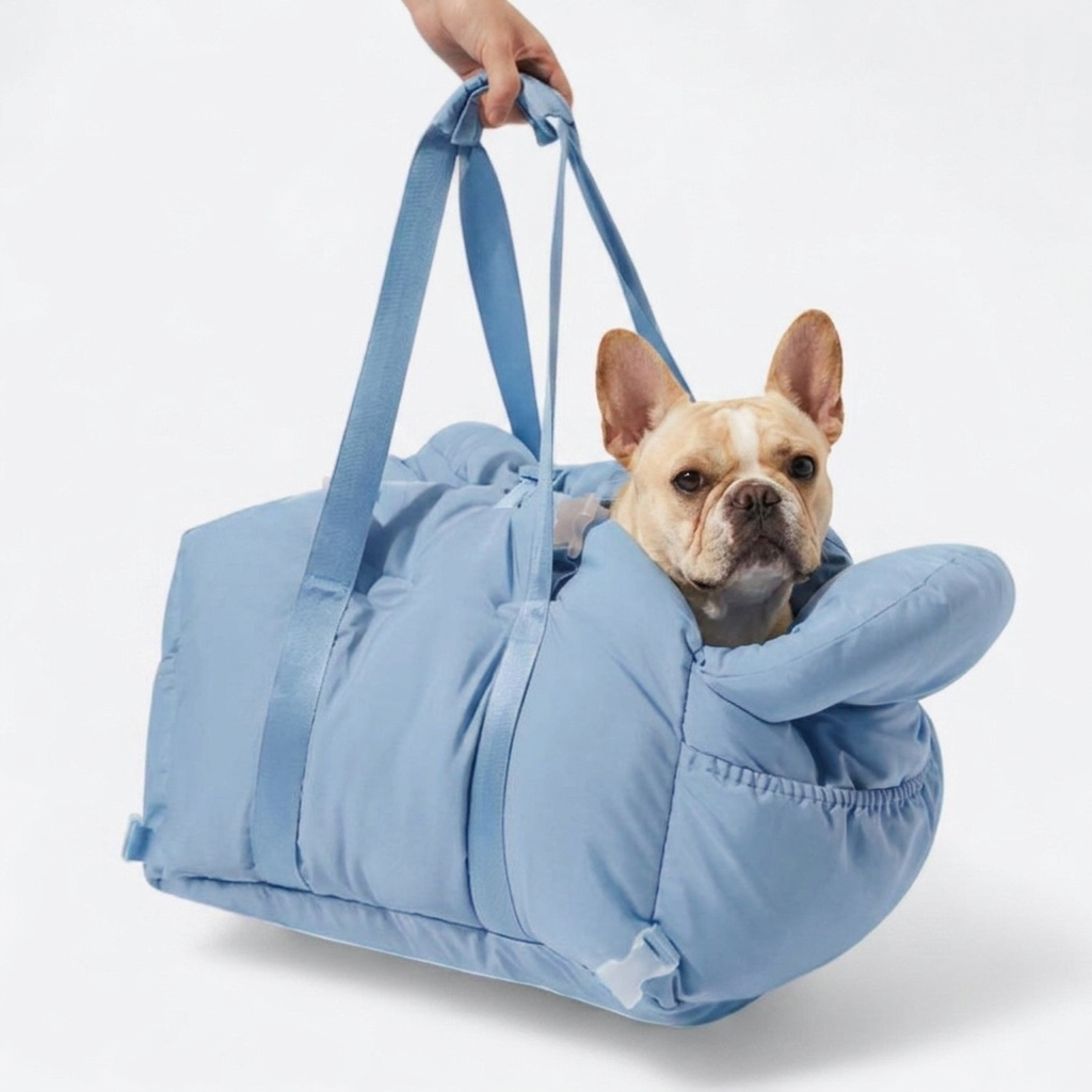 French Bulldog in blue travel carrier bag