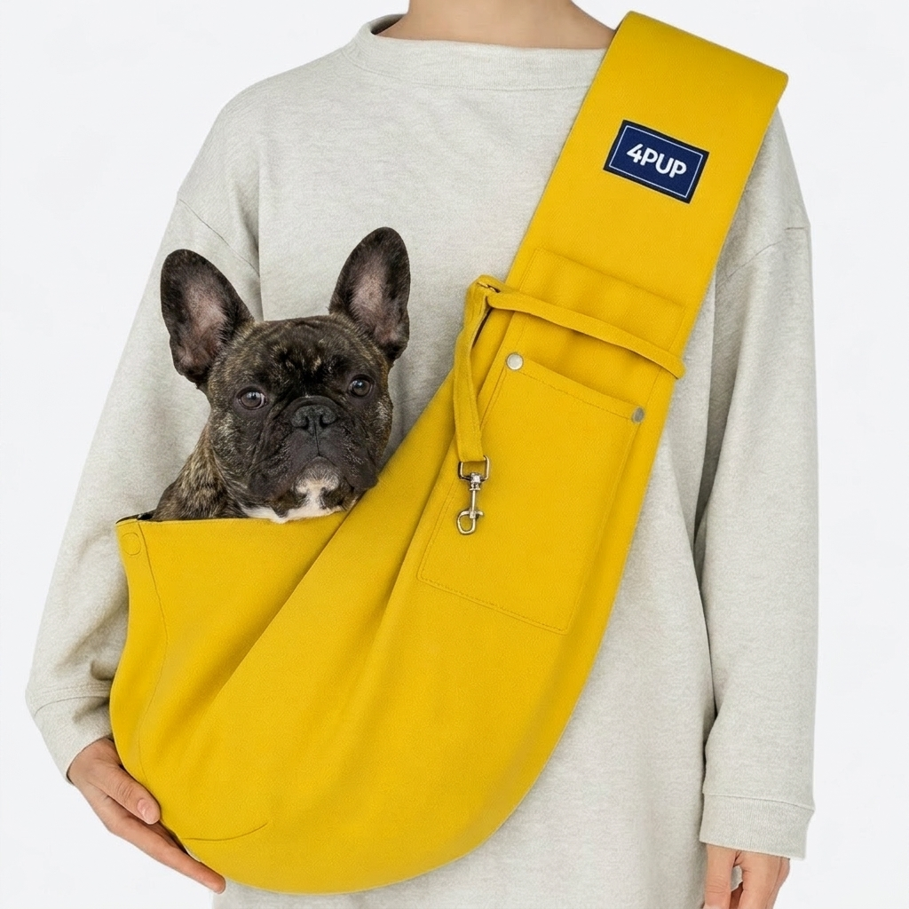 French Bulldog in yellow crossbody sling carrier