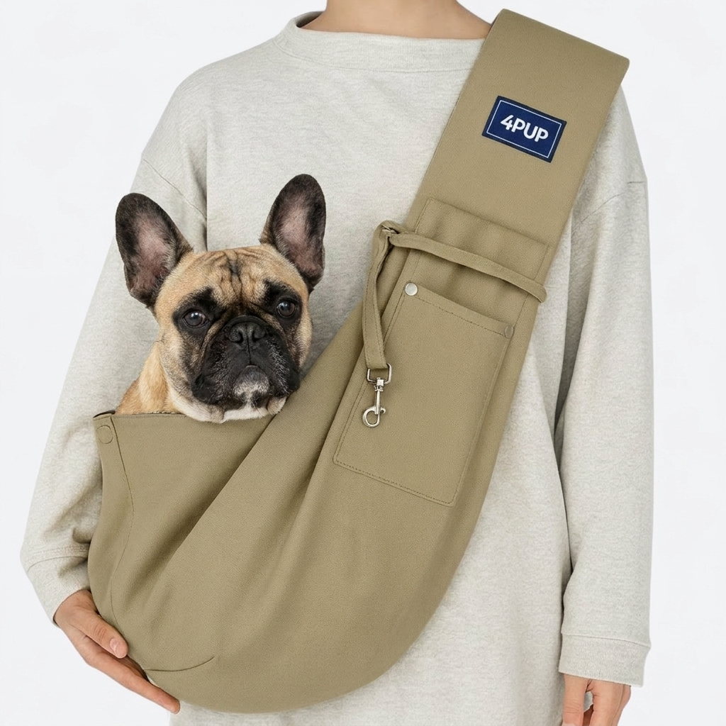 French Bulldog in khaki crossbody sling carrier