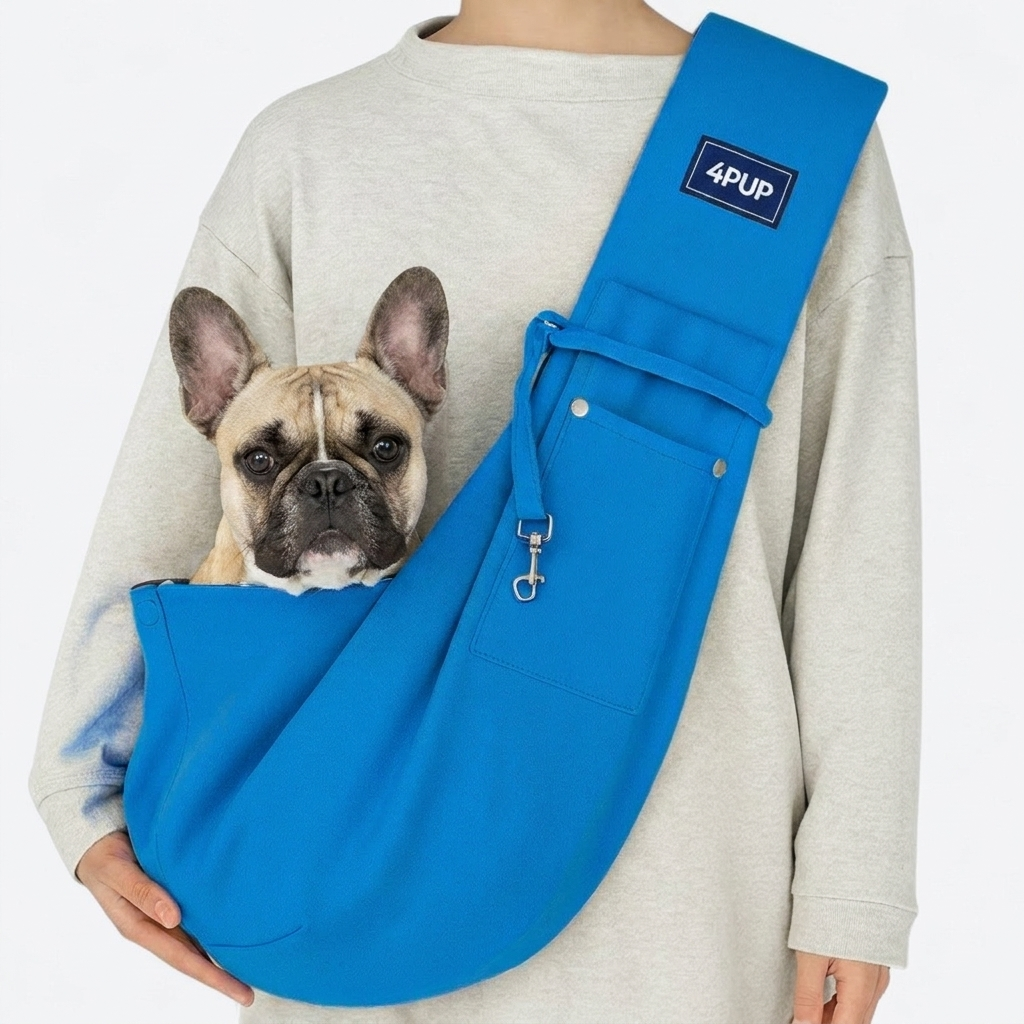 French Bulldog in blue crossbody sling carrier