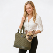French Bulldog in army green quilted carrier tote