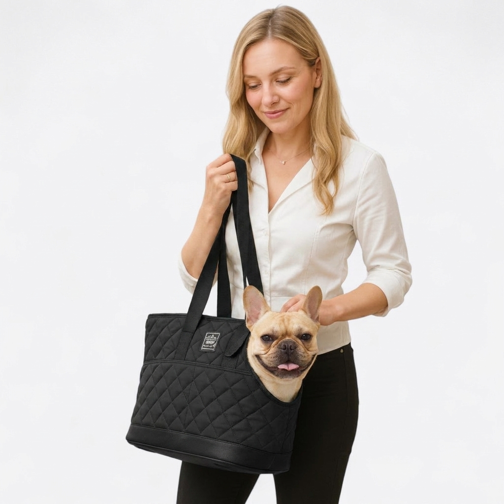French Bulldog in black quilted carrier tote