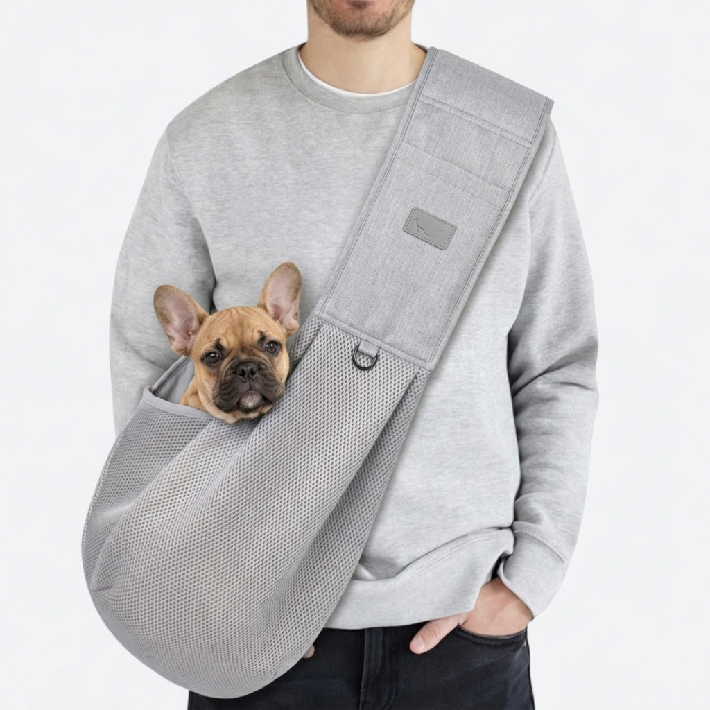 French Bulldog in light gray crossbody carrier backpack