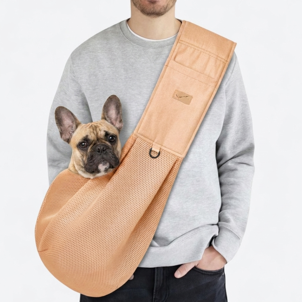 French Bulldog in apricot crossbody carrier backpack