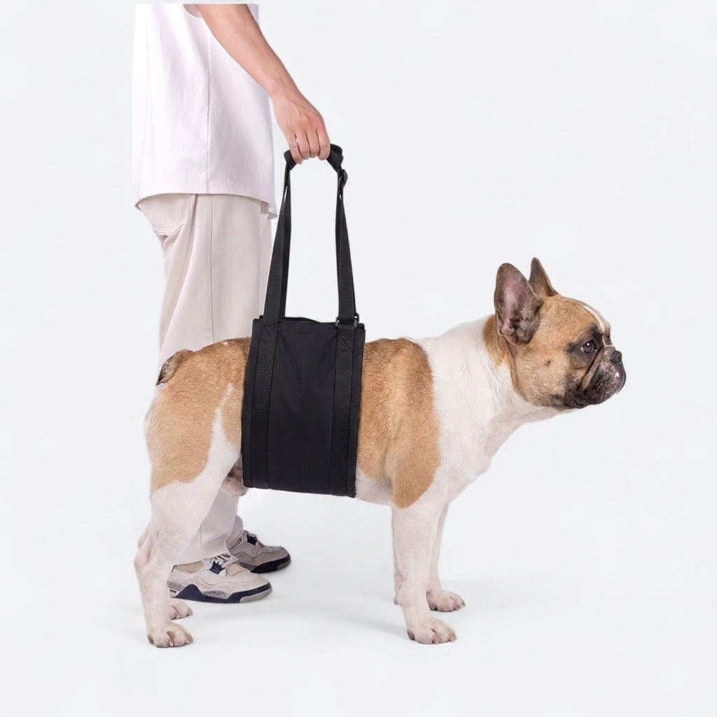 French Bulldog in black mobility aid lift harness