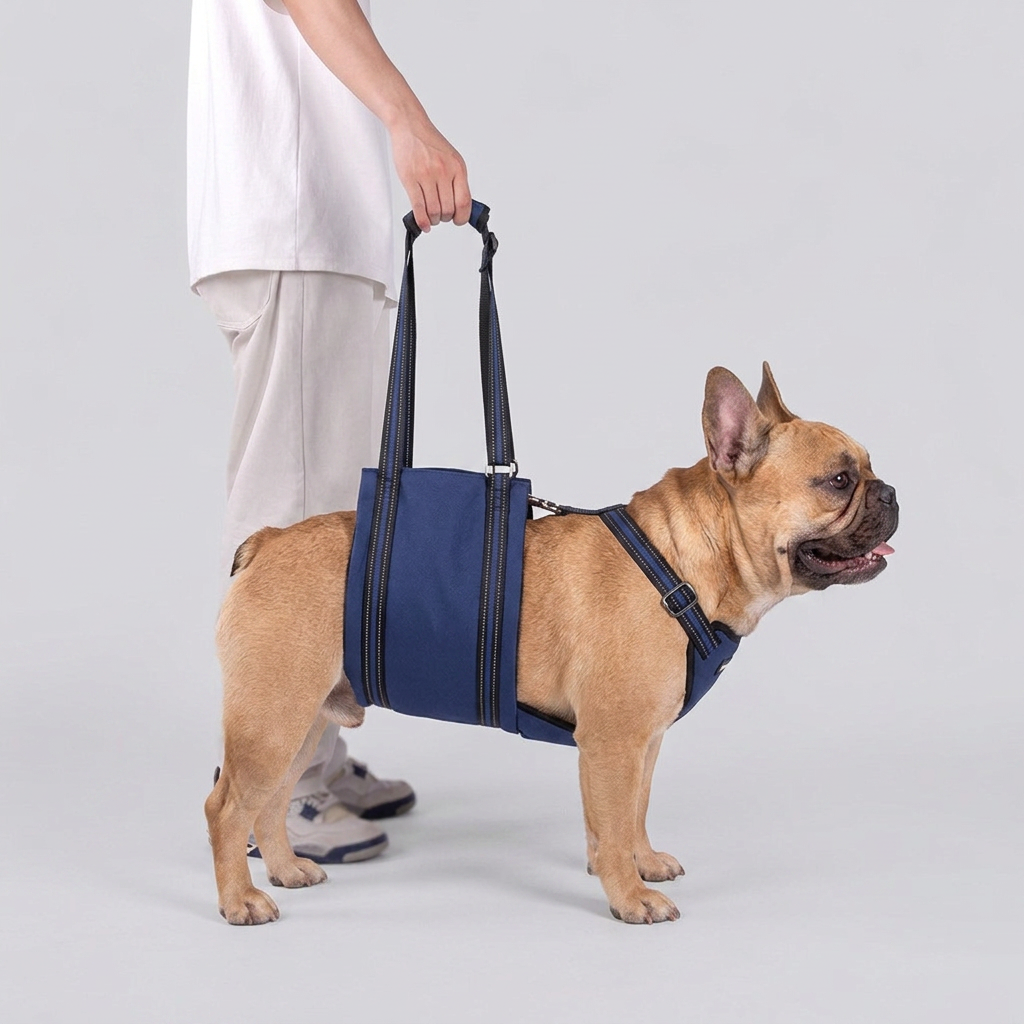 French Bulldog in navy blue mobility aid lift harness