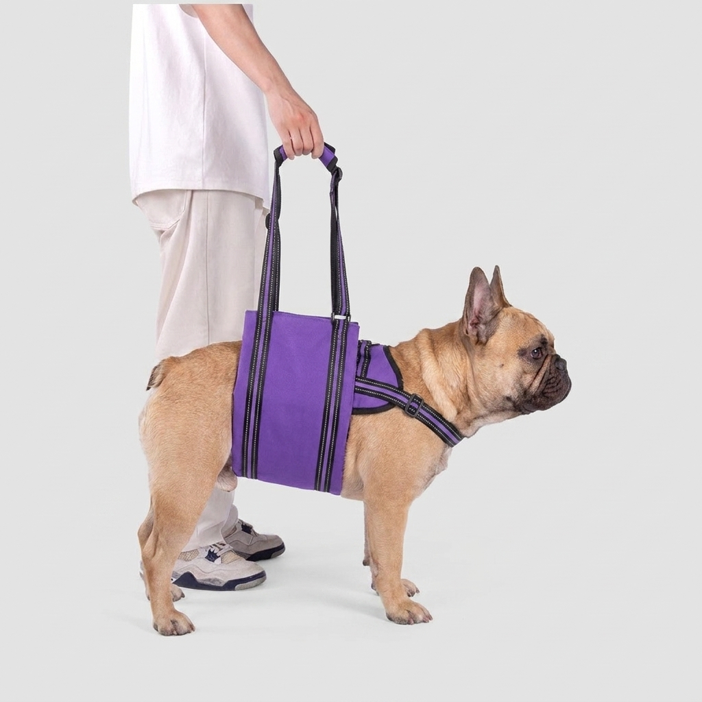 French Bulldog in purple mobility aid lift harness