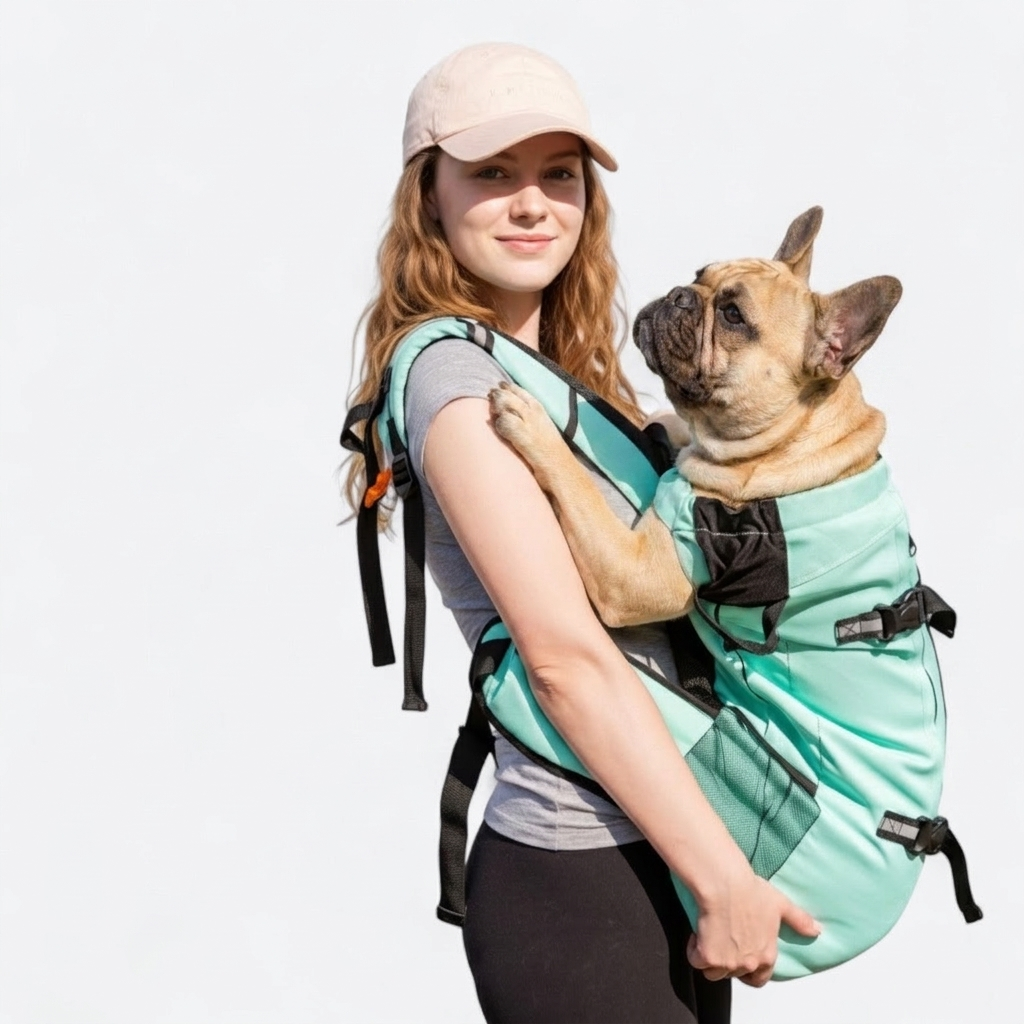 French Bulldog in travel version carrier backpack