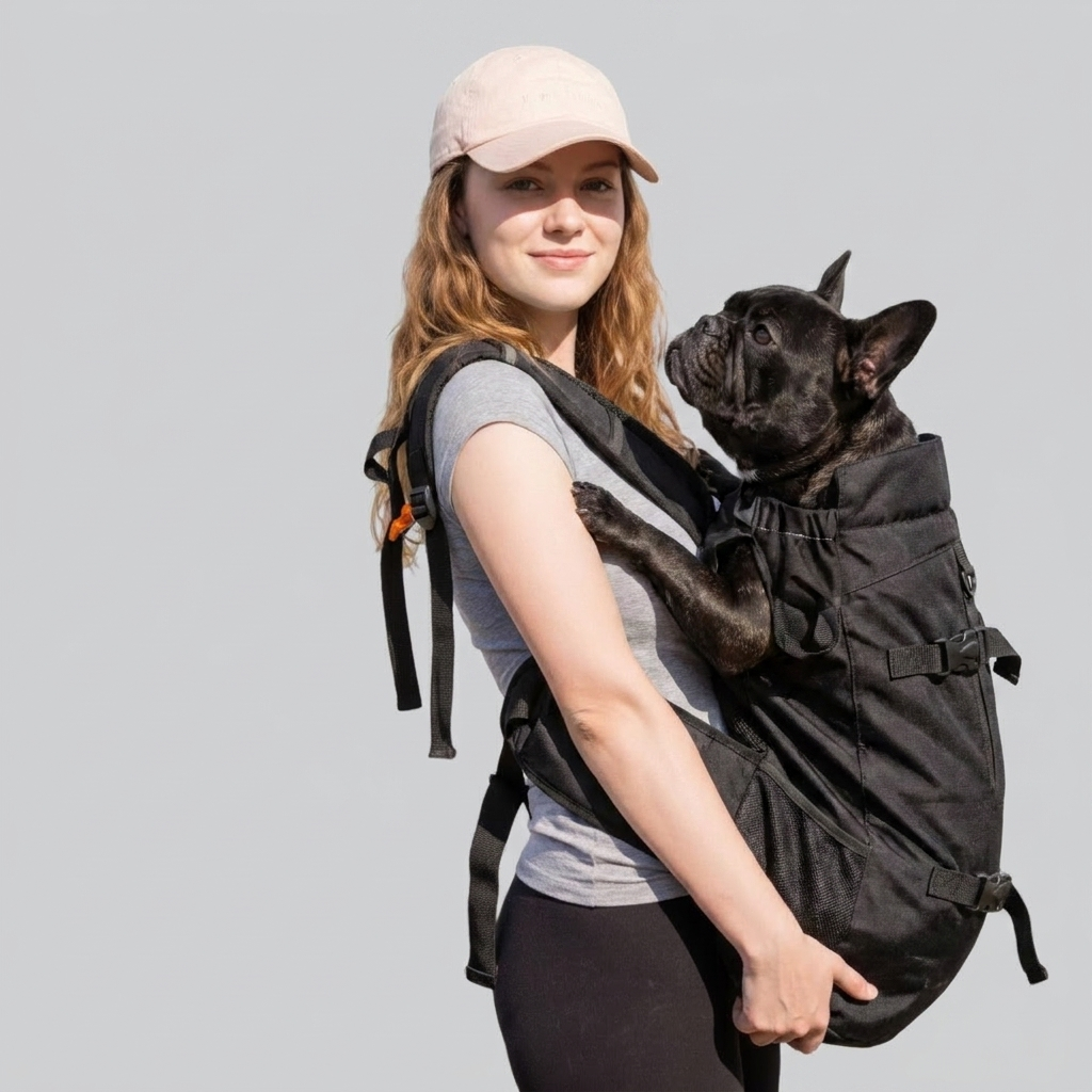 French Bulldog in black carrier backpack