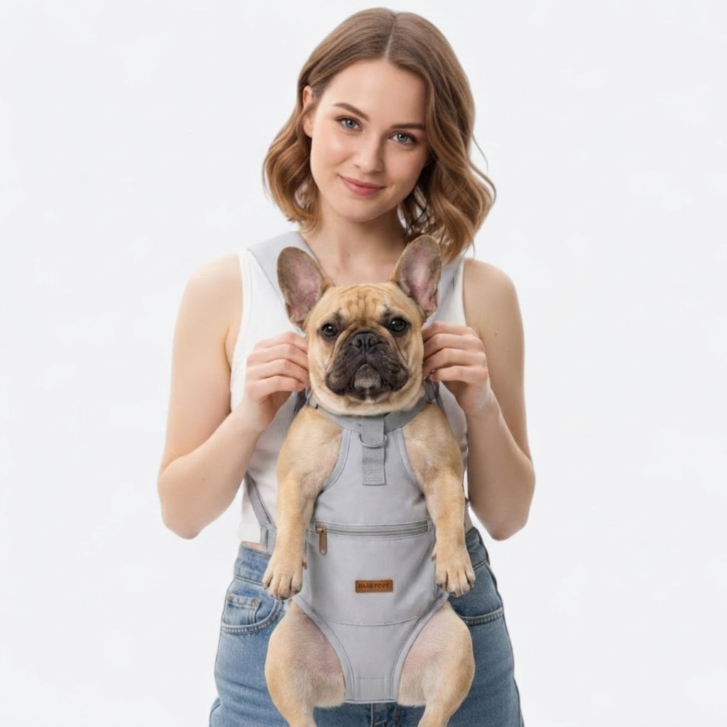 French Bulldog in light gray outdoor travel backpack carrier