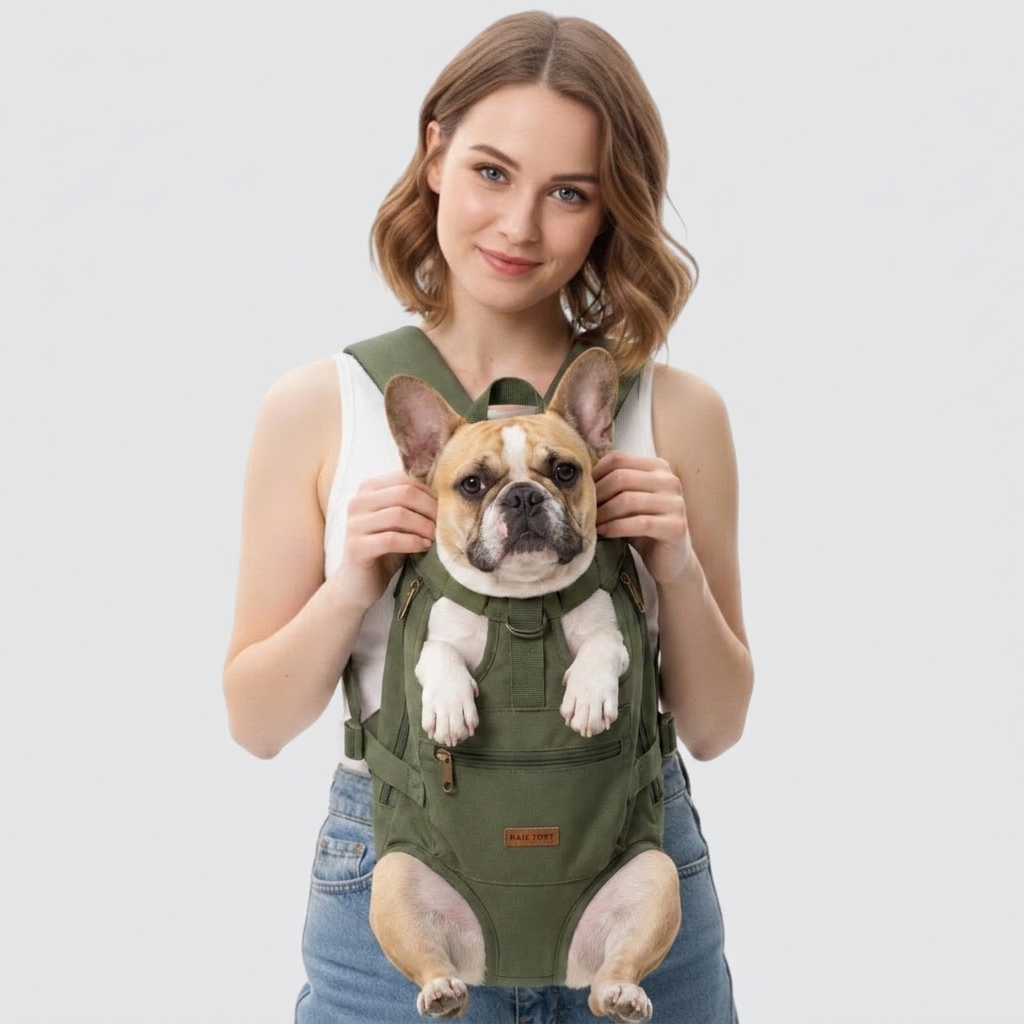 French Bulldog in army green outdoor travel backpack carrier