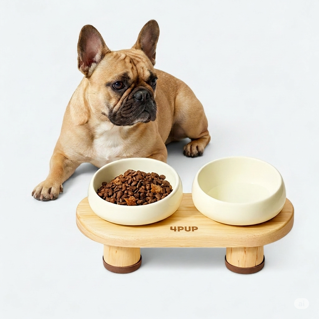 French Bulldog ceramic double bowls elevated feeder stand