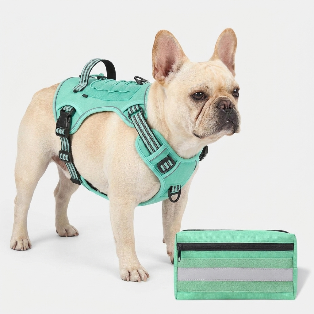 French Bulldog reflective tactical harness green camouflage