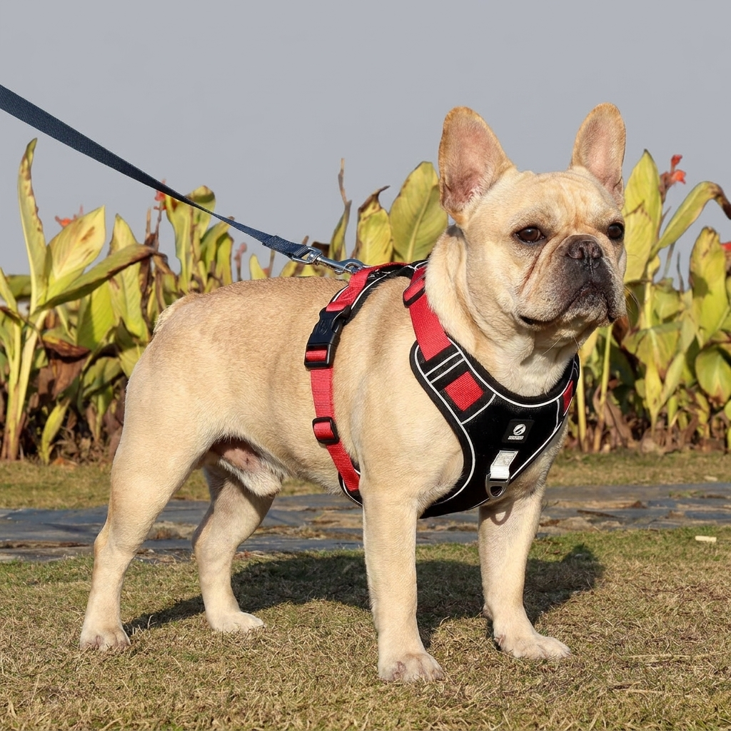 French Bulldog no-pull harness leash set black and red