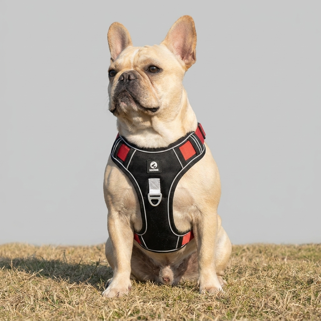 French Bulldog no-pull harness leash set dark khaki