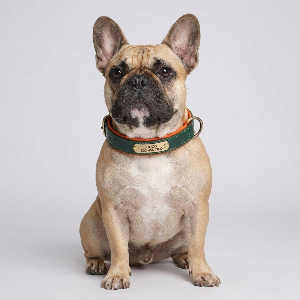 French Bulldog PU leather engraved collar rose