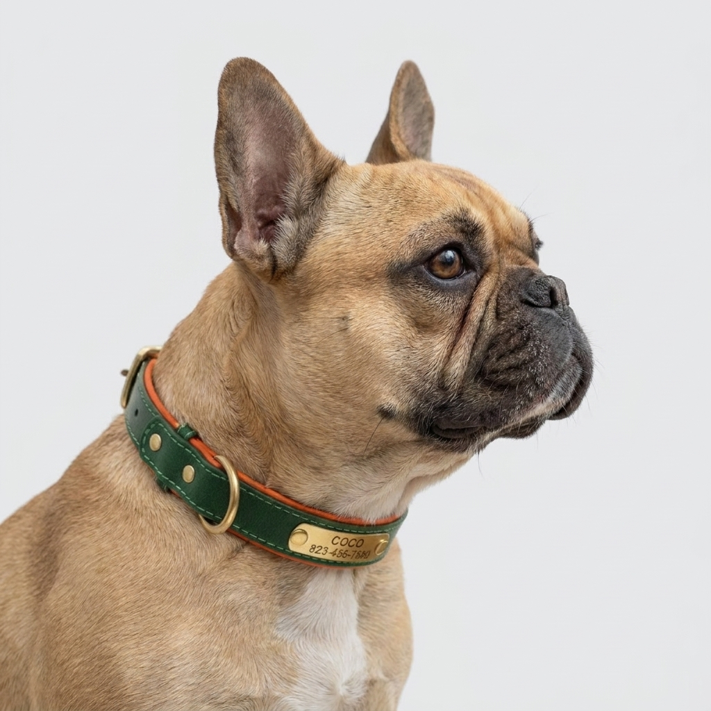 French Bulldog PU leather engraved collar brown