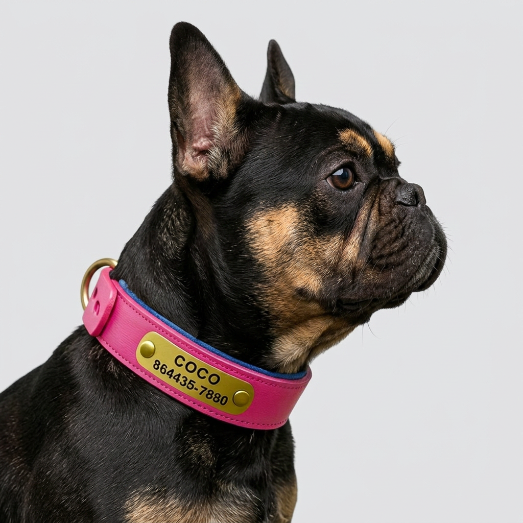 French Bulldog PU leather engraved collar green