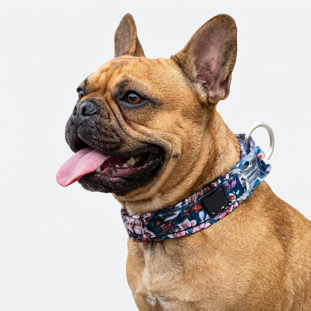 French Bulldog cotton padded floral collar camouflage blue