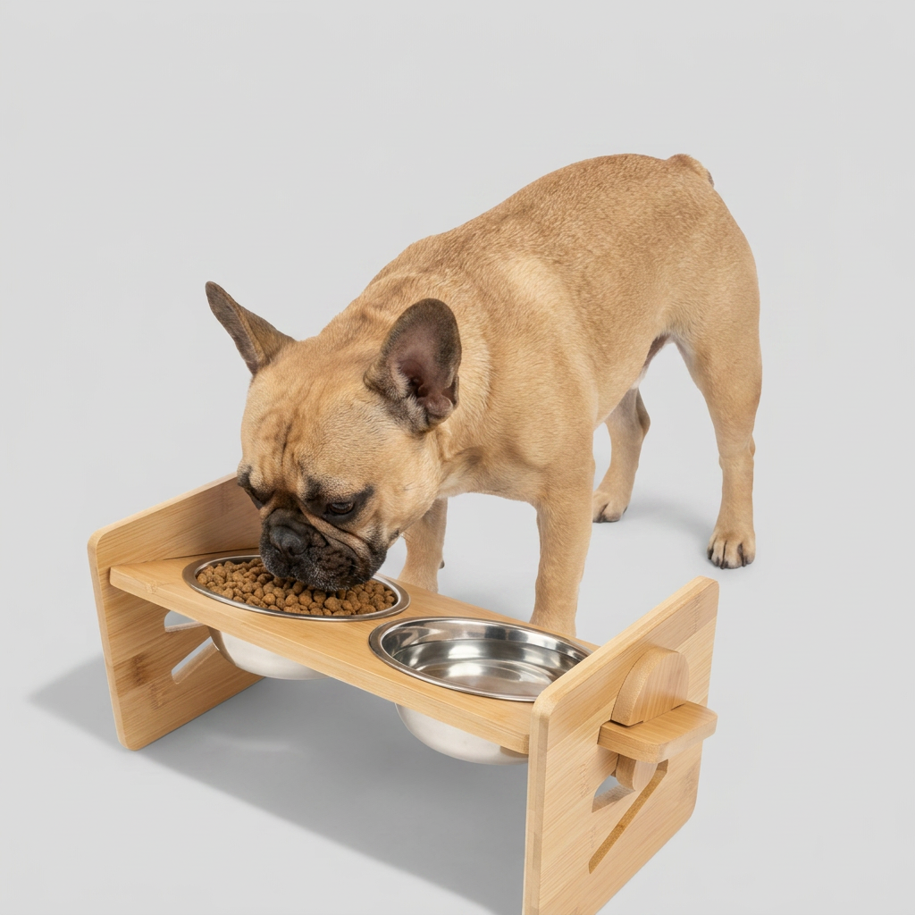 French Bulldog elevated food bowl bamboo stand feeder