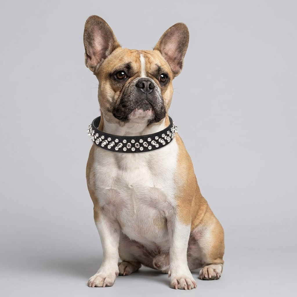 French Bulldog spiked leather collar leash set red