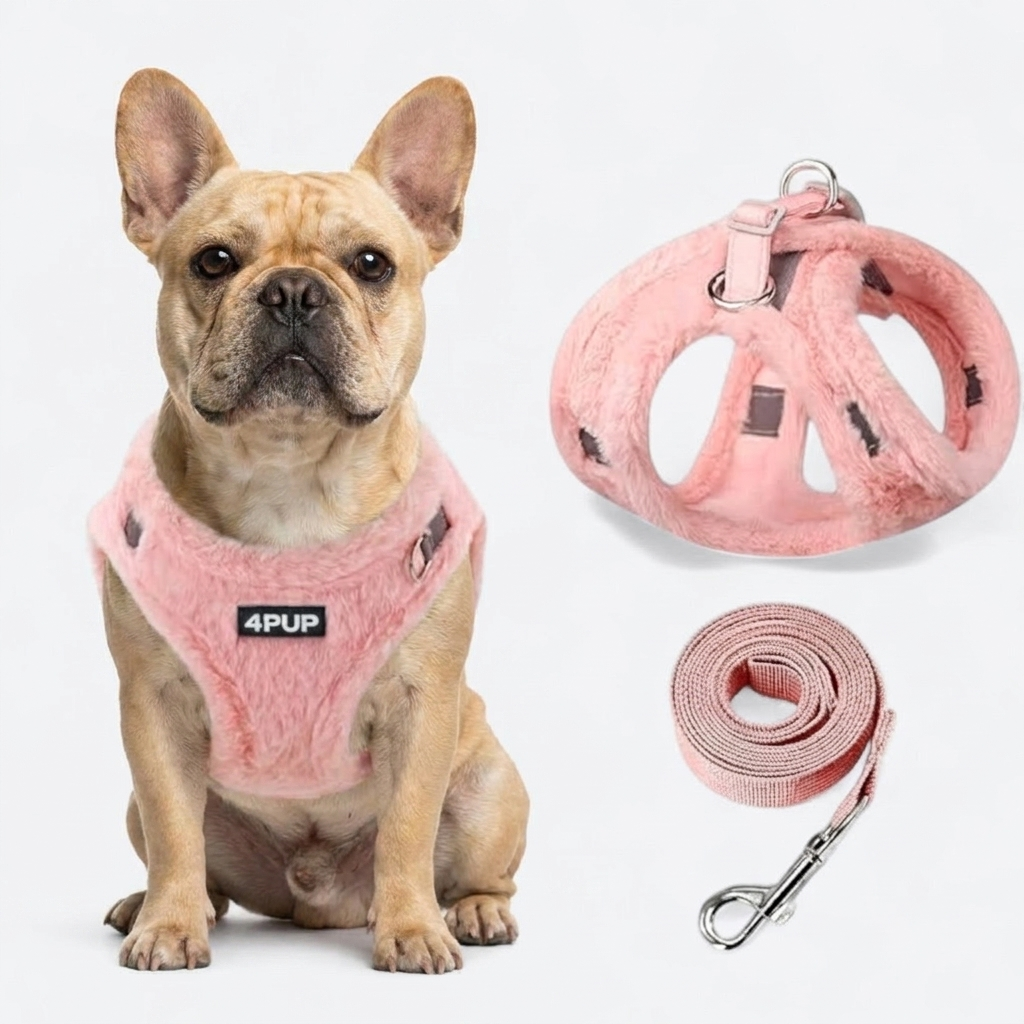 French Bulldog reflective plush harness leash set white