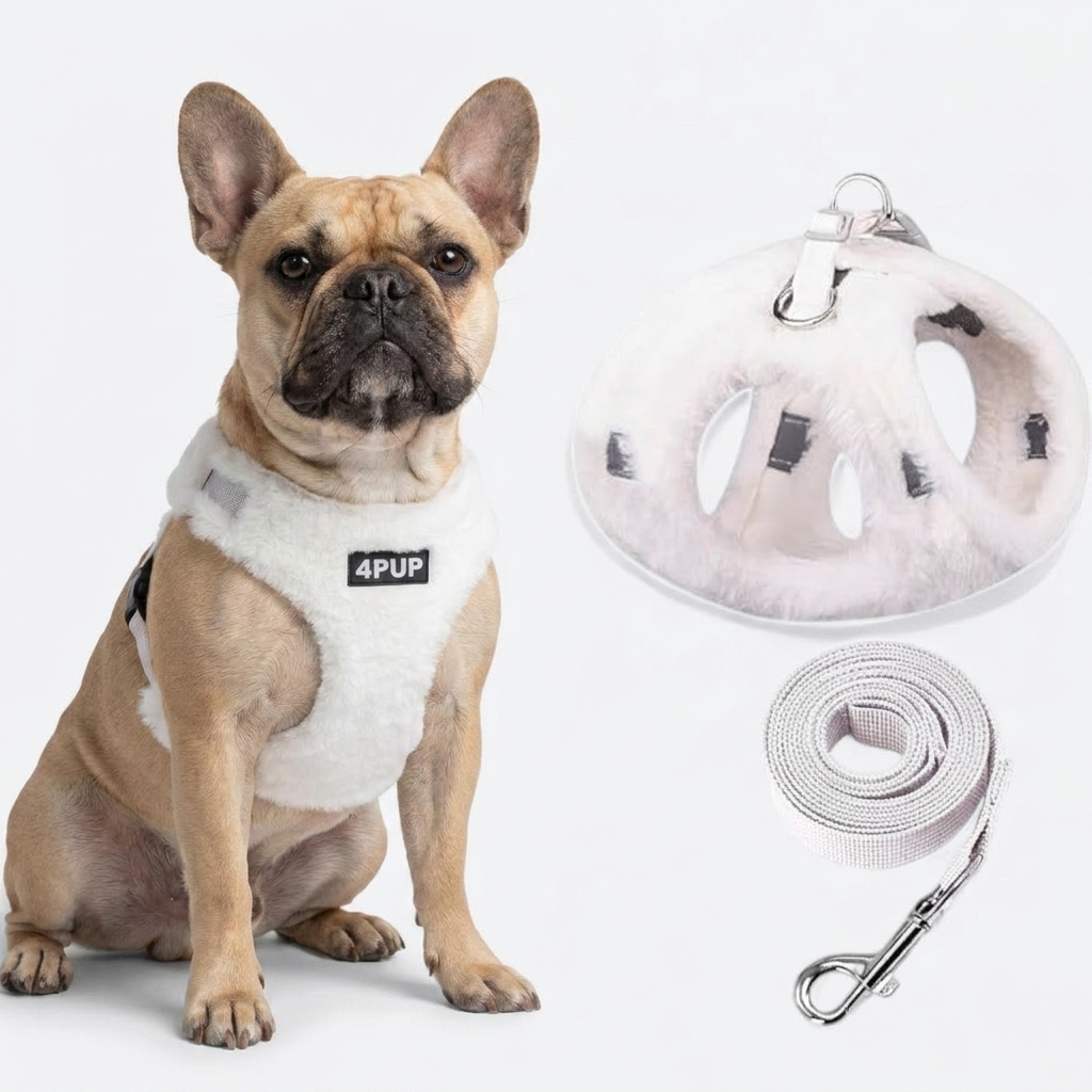 French Bulldog reflective plush harness leash set purple pink