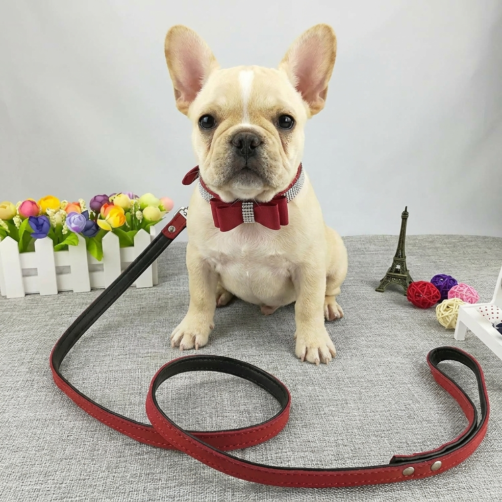 French Bulldog luxury rhinestone bow collar leash set pink