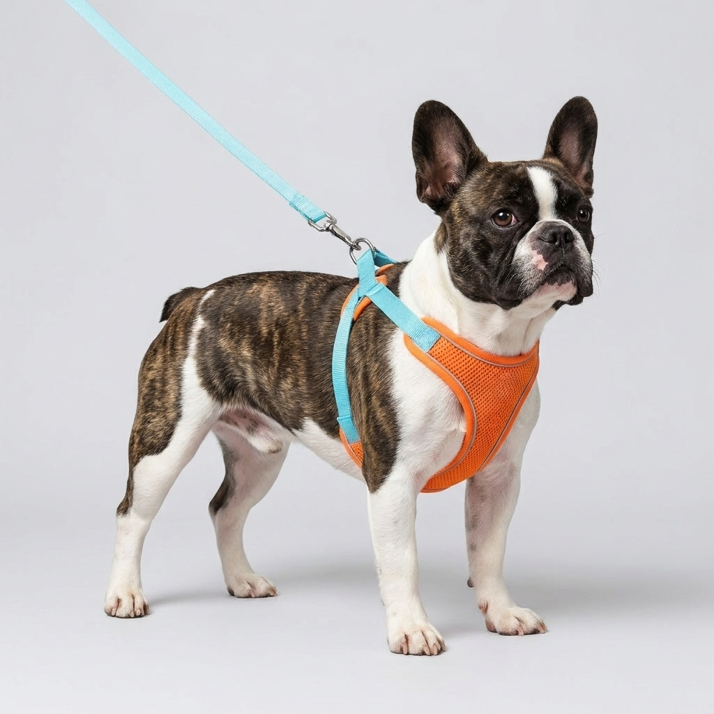 French Bulldog mesh reflective harness leash set pink-blue