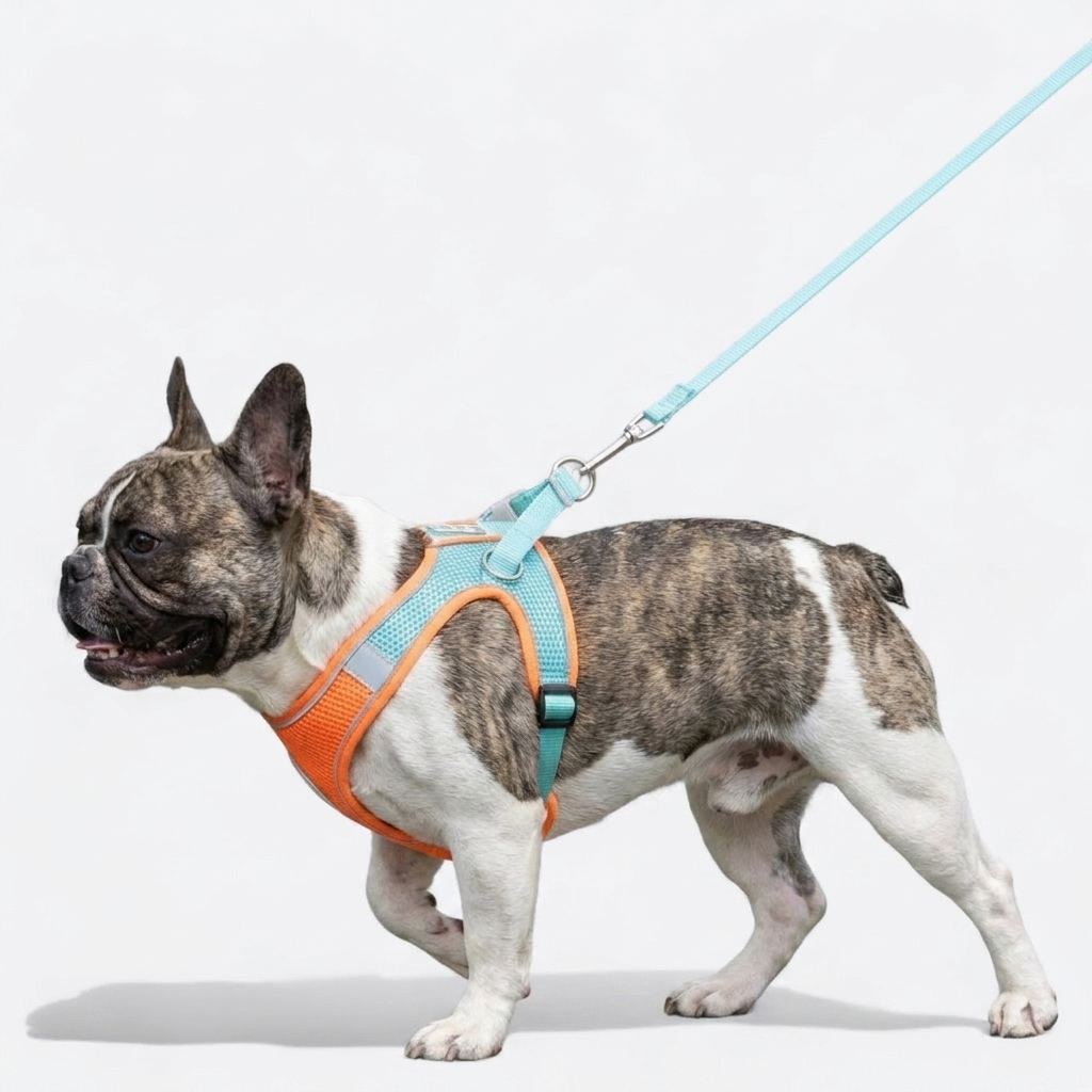 French Bulldog mesh reflective harness leash set blue-gray