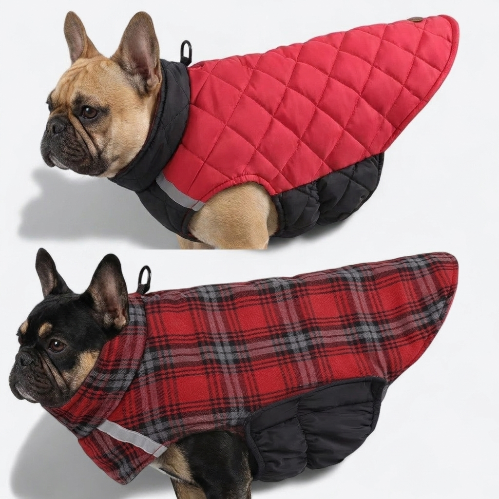 French Bulldog reversible winter jacket red black