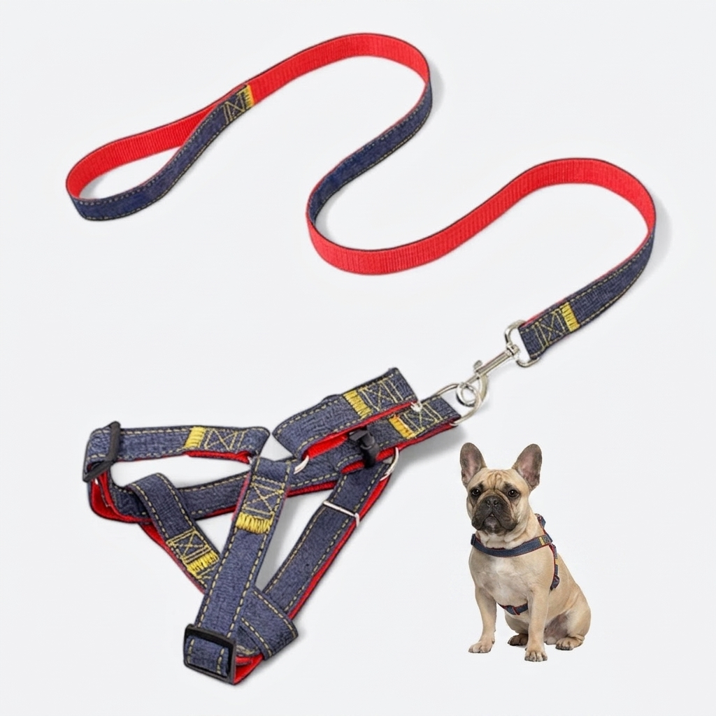 French Bulldog denim harness collar set blue