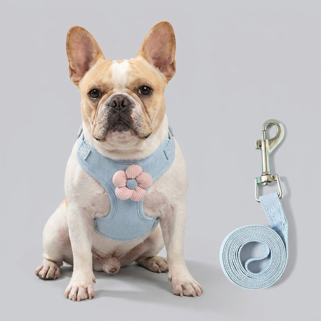 French Bulldog cute flower harness leash set blue