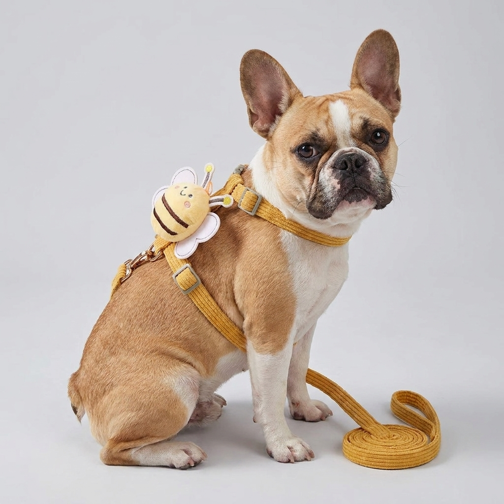 French Bulldog cute bee harness leash set blue