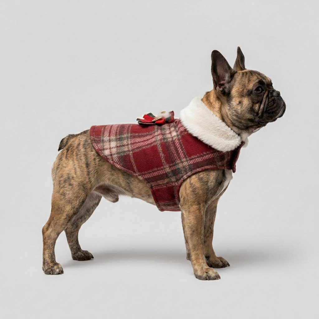 French Bulldog Christmas Plaid Festive Bow Coat red