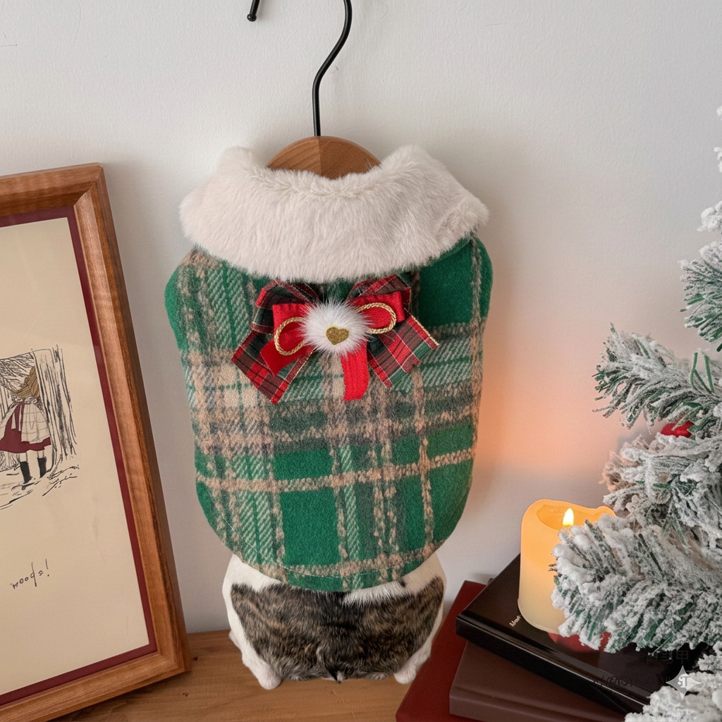 French Bulldog Christmas Plaid Festive Bow Coat green