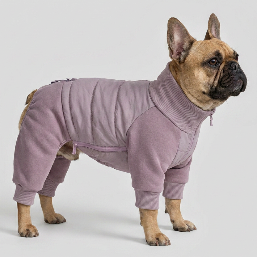 French Bulldog down-filled winter jumpsuit with high ribbed collar