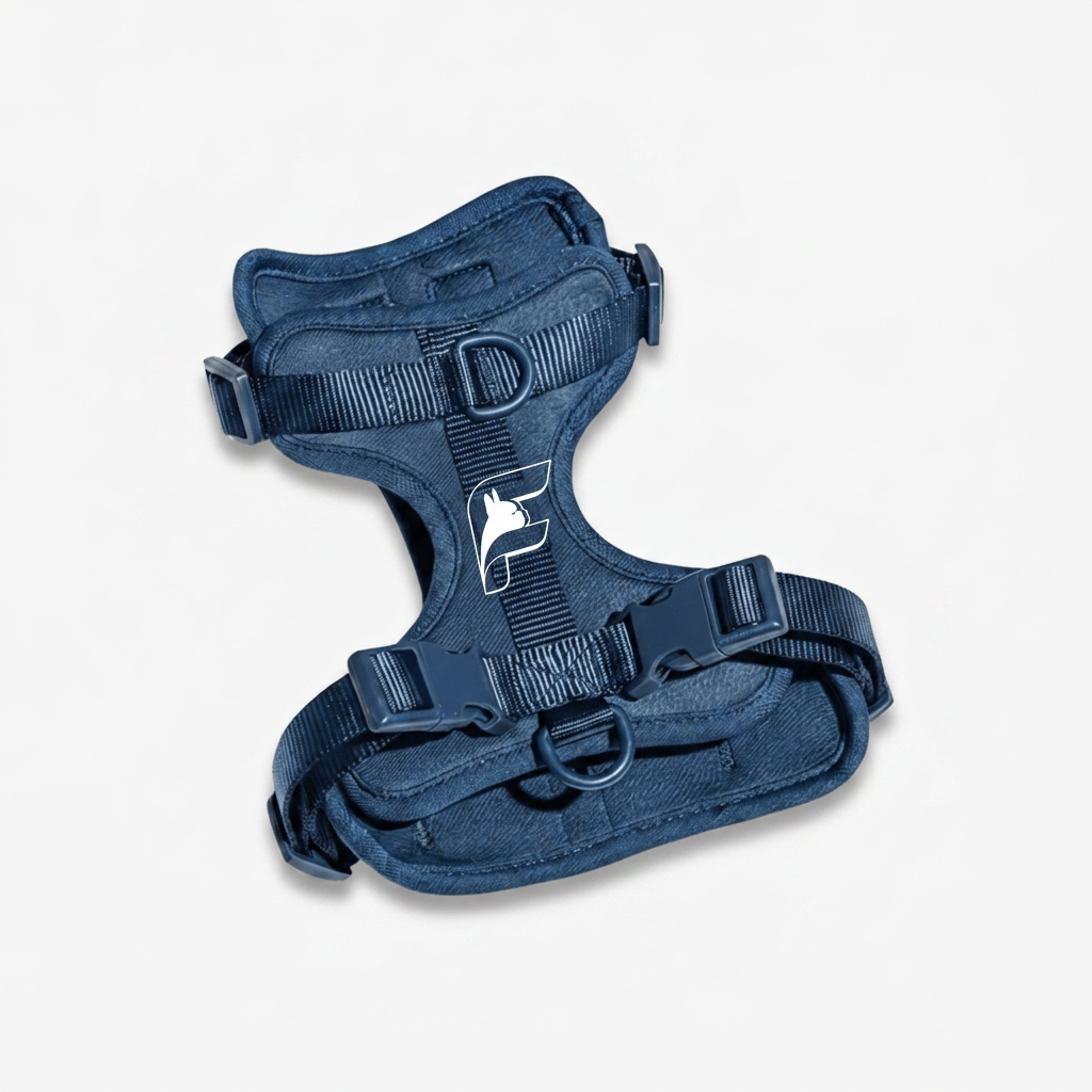 Blue dog harness with The Frenchie Shop logo, for French Bulldogs