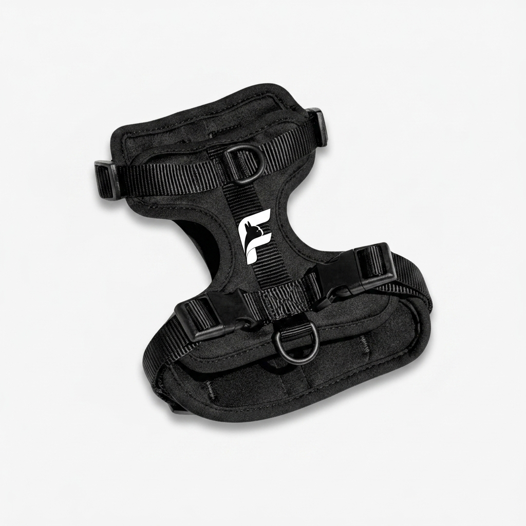 Black dog harness with The Frenchie Shop logo, for French Bulldogs