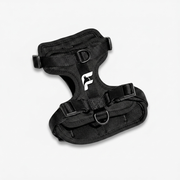Black dog harness with The Frenchie Shop logo, for French Bulldogs