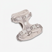White dog harness with The Frenchie Shop logo, for French Bulldogs