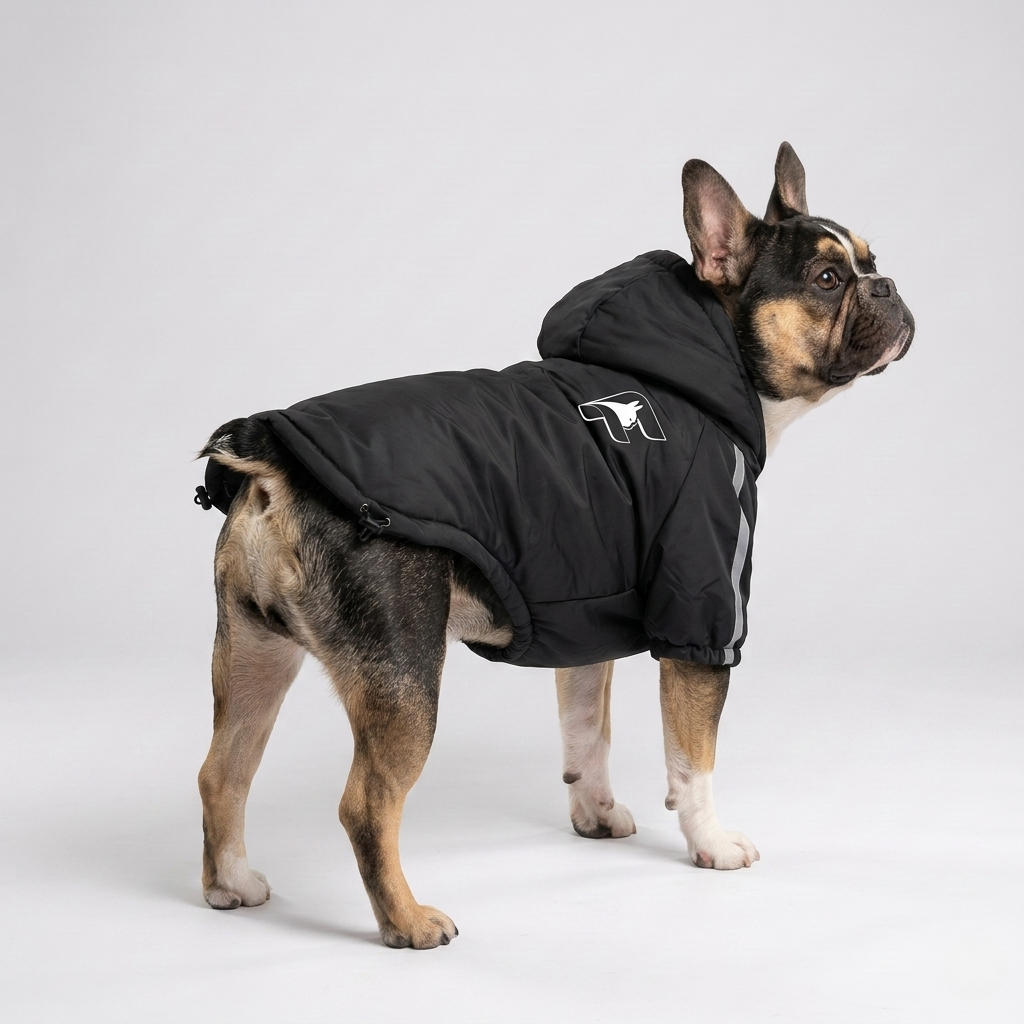 French Bulldog wearing the HydroHike jacket outdoors