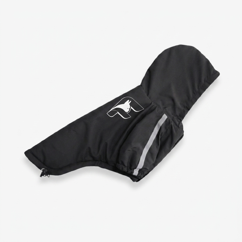 Black fleece-lined dog raincoat with The Frenchie Shop logo detail